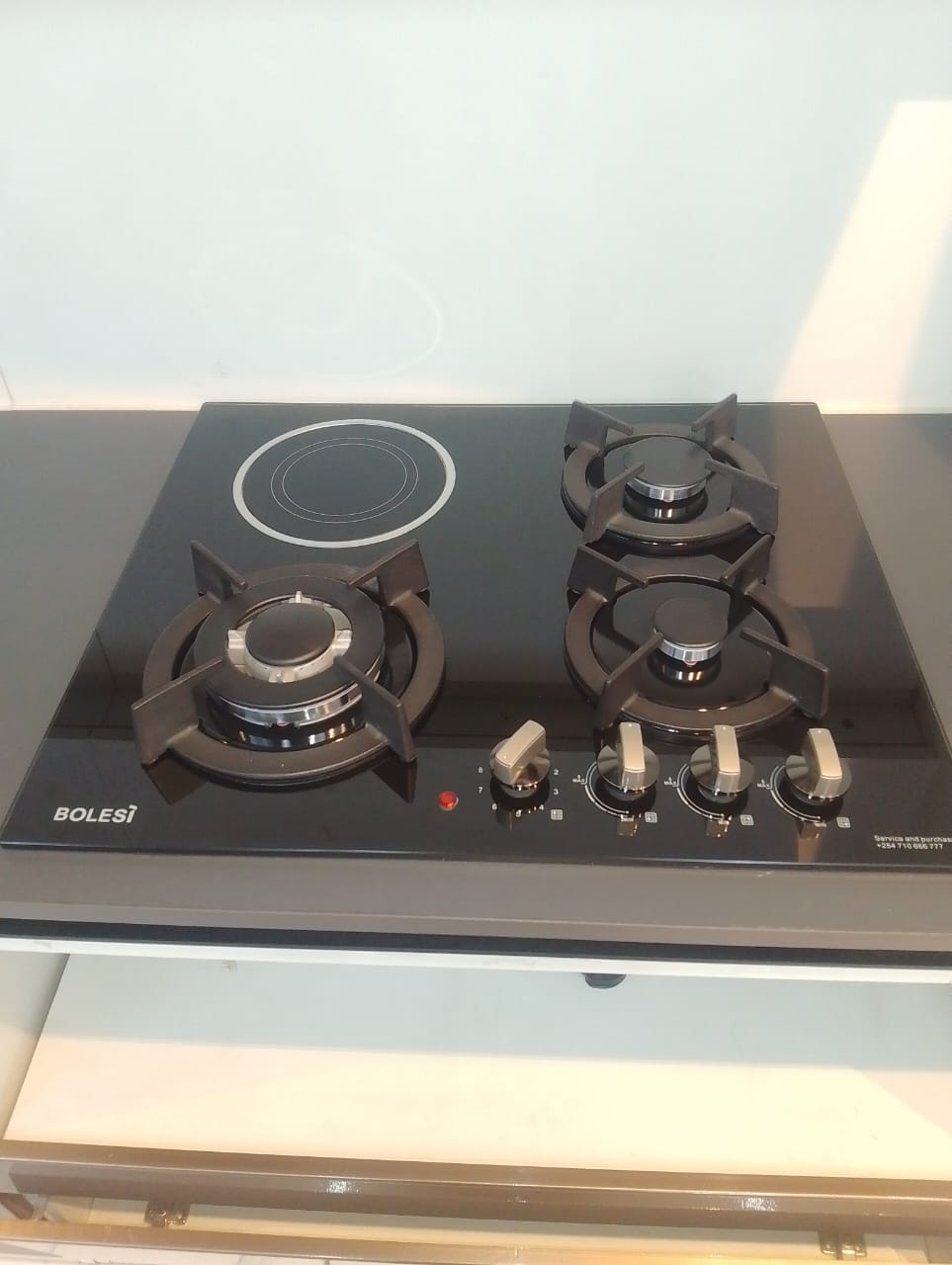 Bolesi hob 3 gas burners +1 infrared electric with gas sensor and wok burner inbuilt glass tampared gas hod